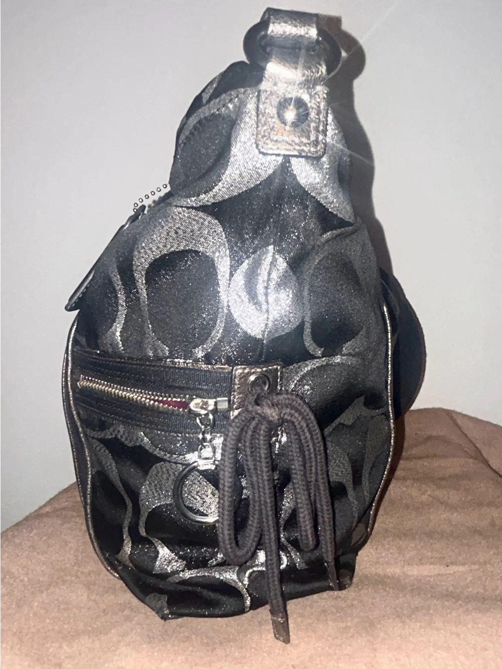 Coach Poppy Black & Silver Metallic Leather Satchel Tote Bag. ECU! Y2K